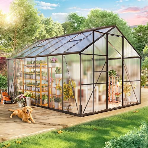 Wumagin Gewächshaus Aluminium für den Garten, 362x247x205cm Gewächshaus Aluminium mit Fundament, Verstellbare Dachentlüftung, Vielseitig nutzbar als Winterfest Aufzucht Pflanzenhaus und Pflanzenhaus