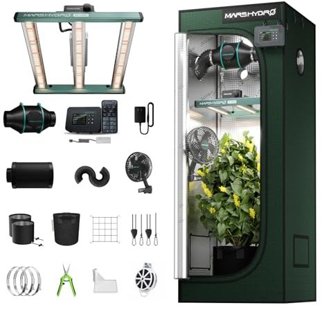 MARS HYDRO Smart Growzelt Komplettset Pro 60X60X160cm für Indoor-Anbau | 150W FC1500 APP Vollspektrum LED Pflanzenlampe 2000D Hohe Reflektivität Grow Tent 4 Automatik-Lüftungskit mit iControl