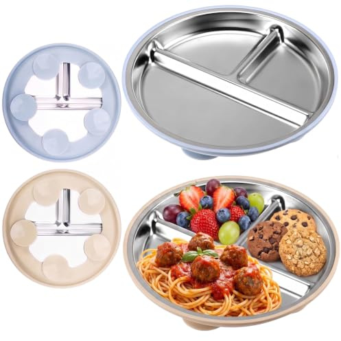 QSTZON 2 Pcs Assiette Ventouse, Assiette Compartiment Inox | Assiettes en Acier Inoxydable Ventouse Antidérapante avec 3 Compartiments