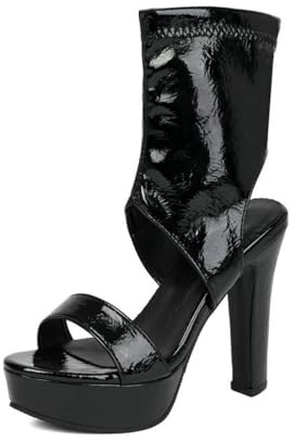 Genérico Mujer Charol Punta Abierta Sandalias Plataforma Tacón Bloque Grueso Botín Tobillo Recorte Parte Superior Cuero PU Suela Antideslizante Zapatos Vestir,Negro,38 EU