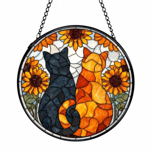 Cat and Sunflower Acrylic Stained Glass Sun Catchers 20cm