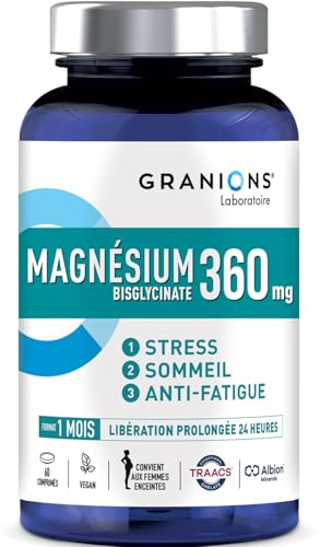 MAGNESIUM BISGLYCINATE 360 MG GRANIONS | Magnesium Fort Dosage + Vitamine B6 - Anti Stress Adulte - Magnesium Bisglycinate 360 MG - Stress Fatigue - Magnesium 60 Comprimés