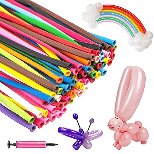 HUYIWEI 100 Magical Balloons with Air Pumps, Long, Twisted Shape, Multi-color, Suitable for Birthday Parties, Halloween, Christmas, Unisex-Kids