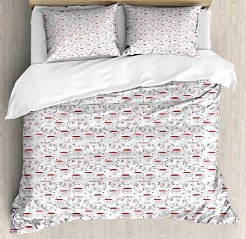 Ambesonne Tea Party Duvet Cover Sets, Doodle Style Crockery Illustration of Floral Patterned Kettles and Cups, Bedding Set with 2 Duvet Covers & 4 Pillowcases, 2 Pack Queen Size, Red Black White