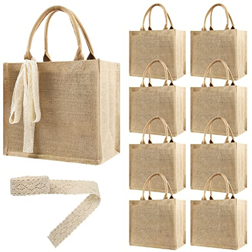 8 Pcs Burlap Tote Bags Bulk, Reusable Jute Tote Bag with 10Yd Ribbon Blank Burlap Gift Bag with Handle Waterproof Beach Tote Bag for Shopping Bridesmaid Gifts Bags 12.2''x10.6''x6.3''