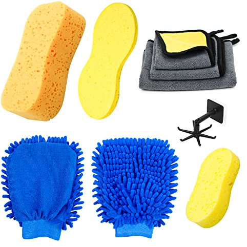 Car Cleaning Kit 9Pcs, jumbo Car Sponge Super Absorbent Car Wash Sponges Thick Microfibre Cleaning Cloth Scratch Free Double-side Car Wash Mitts for Windscreen Bodywork Inside (Yellow)