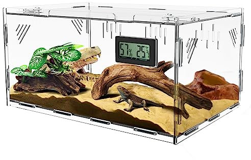 Giznzg Terrarium für Reptilien, Reptil Fütterungsbox, 360° Acryl Terrarium mit Digitales Thermometer Hygrometer Reptilienzuchtbox für Spinne/Schnecke/Frosch/Eidechse/Schildkröte etc.(40 * 25 * 18cm)
