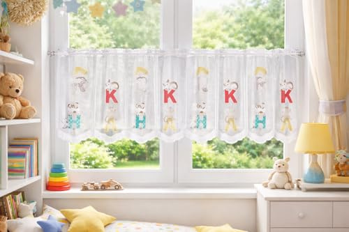 KAMACA Kinder Bistrogardine Kürzbare Scheibengardine Kindergardine für Jungen & Mädchen Kurzstore Lichtdurchlässiger Sichtschutz Individuell anpassbar (HxB 50x145 cm Buchstaben und Tiere)