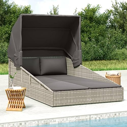 Festnight Sonnenliege 2 Personen mit Dach doppelliege Outdoor gartenliege 2 Personen Rattan gartenliege Rattan Sonnenbett Loungebett Balkon Liege Relaxliege für Garten Balkon Grau 200x114x128 cm