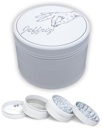 Kräutermühle Aluminium CNC 63 mm Weiß mit Keramik Antihaft-Beschichtung – 4-teiliger Grinder für trockene Kräuter & Tabak | Hochwertiger Pollenfänger | Jeffriz | Küche & Aromatherapie