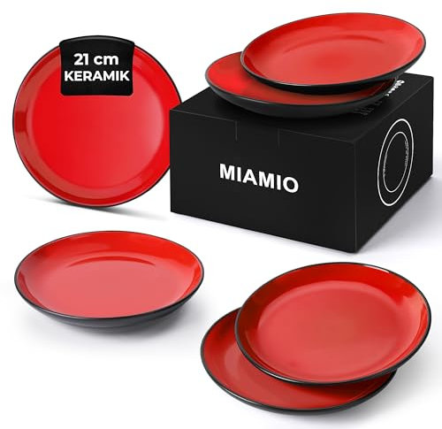 MIAMIO - Ensemble d'assiettes 6 en céramique grès pour la table - Collection Le Papillon (Rouge, 21 cm)