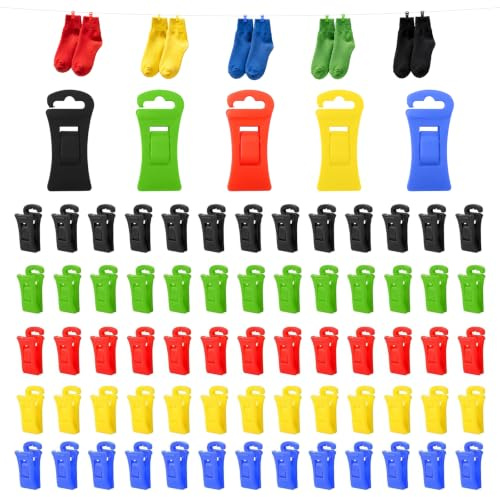 Yeria 75 Stück Sockenklemmen für Waschmaschine und Trockner, Multifunktions Sockenclips POM, Kunststoff, Schwarz, Blau, Grün, Gelb, Rot