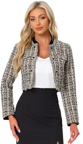 Allegra K Tweed Plaid Jacket for Women's Dressy Casual Button Decor Open Front Christmas Vintage Cropped Blazer Medium Light Khaki