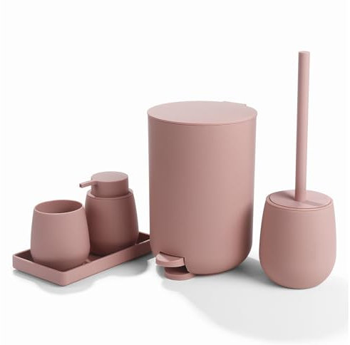 AJEUNGAIN Set Bagno Accessori Completo Rosa, Set Accessori Bagno Moderno include Cestino Bagno, Portaspazzolino, Set Scopino WC e Dispenser Sapone, Vassoio da Vanity (Rosa)