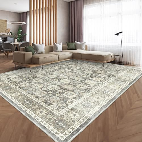 HOMFINE Vintage Area Rug for Living Room - Machine Washable Rug Soft Short Pile for Bedroom Kitchen Floral Print Traditional Rug Stain Resistant, Home Decor Office Carpet, Grey, 160 * 250CM