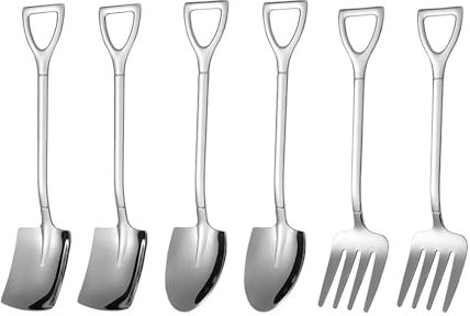 TAORANJU Creative Shovel Spoon Fork Set, 6 Pcs Stainless Steel Coffee Spoons Shovel Shape Tea Spoons Dessert Spoons Stirring Spoon Ice Cream Spoon Sugar Spoon for Party (12.2cm*2.6cm)