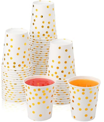 JCAKES Lot de 50 gobelets en carton à pois dorés，gobelet anniversaire ，gobelet carton- 250 ml - Biodégradables - Avec pois dorés - Pour fête, Noël, fête d'enfants, mariage