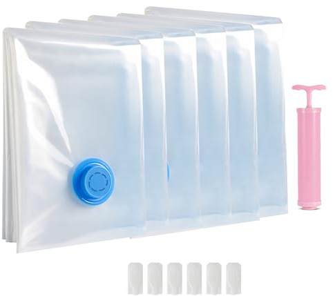 Vakuumbeutel, Vakuumbeutel für Kleidung, Satz mit 6 Kompressionssäcken, Vakuumbeutel 70 x 50 cm, mit Handpumpe, Für T-Shirts, lange Ärmel, Hosen und Handtücher (Transparente)