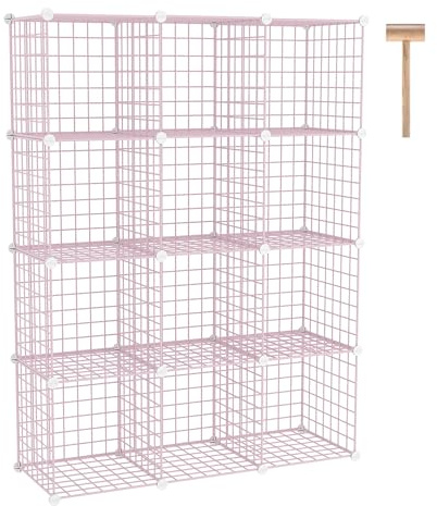C&AHOME Drahtwürfel-Aufbewahrung, 12 – Würfel-Organizer aus Metall | C-Gitter, modulare Regale, Schrank-Organizer, ideal für Zuhause, Büro, Wohnzimmer, 91 cm L x 32 cm B 122 cm H, Rosa