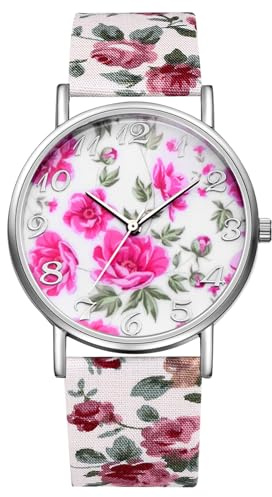 JewelryWe Damenuhr Blumen Leder Uhr Boho Blumendruck Analog Quarz Armbanduhr Damen Floraler Druck Lederarmband Lässige Uhr mit großen Zahlen Zifferblatt Geschenk für Frau Mädchen