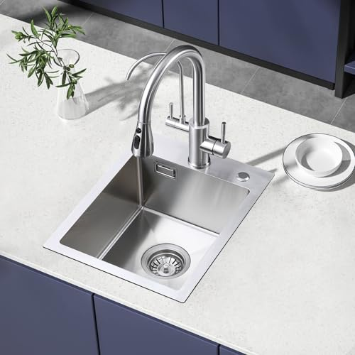 ROVOGO Küchenspüle 45x35cm Edelstahl 304 Gebürstet inkl. Ablauf & Überlauf | Spülbecken Küche mit vollst. Ablaufset, Armatur- & Seifenbohrungen, Edelstahlspüle für Küche, Einbau Spüle 1 Becken