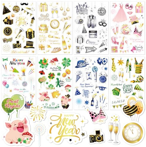 HOWAF 8 Blätter Aufkleber Silvester 2027, Happy New Year Aufkleber Selbstklebend Glücksbringer Sticker Glücksschwein Kleeblatt für DIY Geschenk, Silvester Deko 2027, C