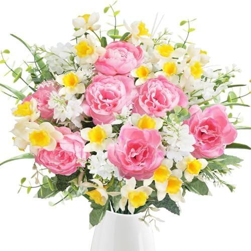 Zythrem Artificial Daffodils Peonies Faux Daffodils Pink Fake Peonies Silk Narcissus Mix Daffodils Peony Hyacinth Bouquet Yellow Plastic Flower Spring Artificial Flowers for Graves Garden Home Wedding