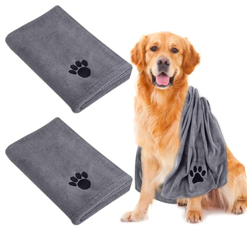 Hundehandtuch, 2 Stück Hundehandtuch Extra Saugfähig für Hunde & Katzen Set aus 2 Ultra-Absorbierenden Mikrofaser Grau Haustier Handtücher Schnell-Trocknend 75x35cm Hunde Handtuch für Alle Haustiere