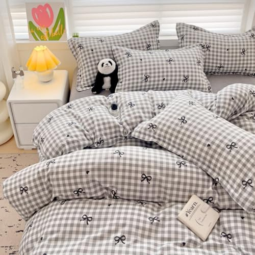 Nayoroom Bettwäsche 135x200 Grau Kariet mit Schwarz Herzen Schleifen Mädchen Bettbezug Set 2teilig Aesthetic Cute Renforce Mikrofaser Modern Bettwäsche-Sets und Kissenbezug 80x80 mit Reißverschluss