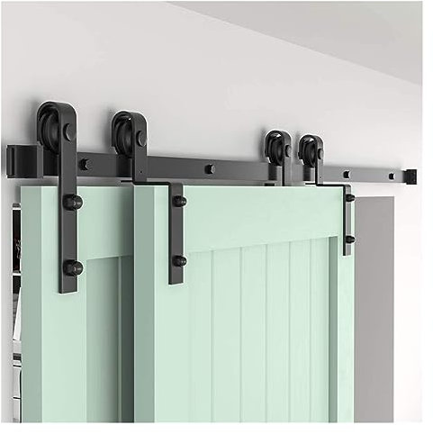 Barn Door Hardware Kit 4 16FT Bypass Barn Door Slides Hardware Kit Sliding Door Hanging Track System Roller Rails For Double Door (J Shaped) Smooth and Quiet(10FT 3040mm)