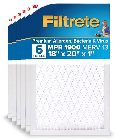 Filtrete 18x20x1 AC Furnace Air Filter, MERV 13, MPR 1900, Premium Allergen, Bacteria & Virus Filter, 3-Month Pleated Electrostatic Air Cleaning Filter, 6-Pack (Actual Size 17.81x19.81x0.81 in)