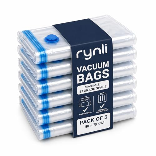 Rynli Vacuum Storage Bags for Clothes 50x70 cm | Space Saver Compression Vacuum Bag | Suction Storage Container for Clothes | Vacummattress Storage for Duvet, Comforters, Bedding, Pillows Pack of 5