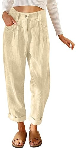 Joligiao Lediga byxor för kvinnor, elastiska manchesterbyxor, hög midja, byxor, raka ben med knappfickor, långa manchesterbyxor corduroy breda byxor, Beige, XL