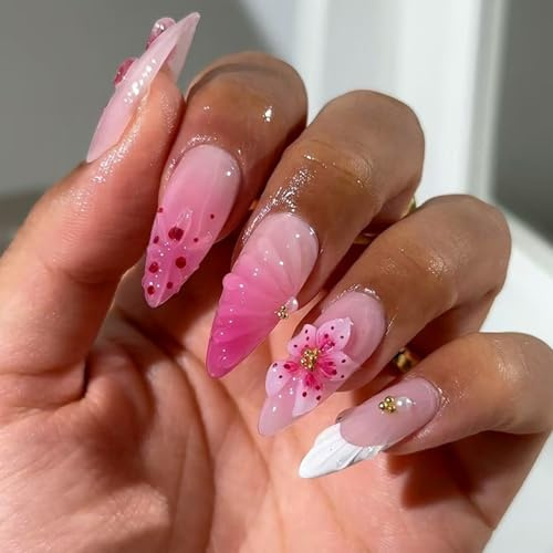 Pink Ombre Long Pointed False Nails, 3D Flower And Pearl Nail Design | Glossy Gradient Finish, Bead, Shell-Like And Dot Details, Coordinated Tips For Everyday Manicures, Parties And Weddings