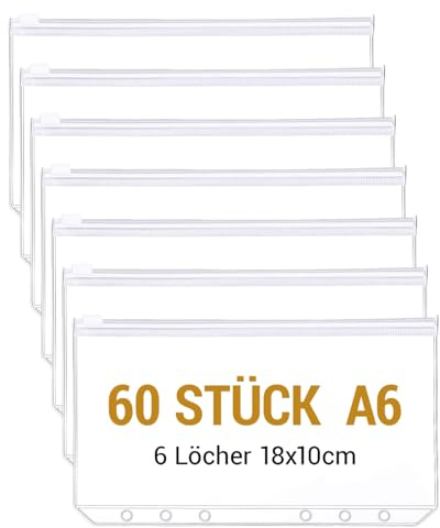 Donvuka 60 Stück A6 Binder Taschen Pockets, PVC 6-Loch Reißverschluss Ordner, Wasserdicht Kunststoff Bindertaschen, Transparent Geld Budget Umschläge, Budget Planer Zubehör für Binder A6
