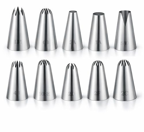 TIESOME 10 Pcs Professional Large Piping Nozzle, Stainless Steel Piping Nozzles Large for Flowers Stars Borders, Cake Cupcake Cookie Decorating Tools, Gifts for Bakers