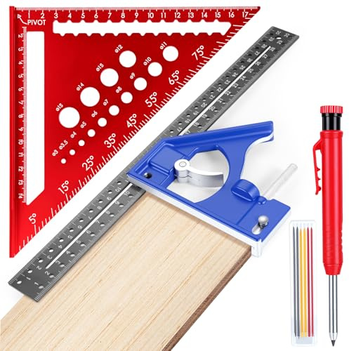 Ghekkli Ensemble D'outils de Menuisier, Équerre Combinée avec Crayon, 300mm/12inch Alliage D'aluminium Equerres Menuisier, Réglable Carré de Vitesse en 45/90 Degrés pour Tracé, Mesure, Marquage