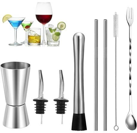 8 Stück Cocktail zubehör, Cocktail Messbecher, 2cl & 4cl Dual Spirit Measure Cup Jigger mit 2 Flaschenausgießer, Cocktail stößel, Pinseln, Messbecher Cocktail für Bars Zuhause Hochwertiges