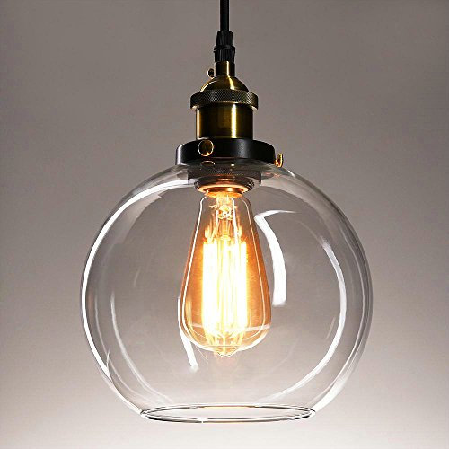 Frideko Vintage Pendant Light, 20cm Industrial Clear Glass Ceiling Light Hanging Fitting Fixture for Kitchen Island Bedroom Hallway
