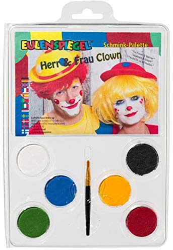 Eulenspiegel 206331 - Schmink-Palette Herr und Frau Clown, 6 x 3,5 ml Farbe, 1 Pinsel, 1 Anleitung, Schminkfarben | Mit Pinsel & Anleitung, Schminkfarben für ca. 60 Masken, für Karneval & Mottopartys