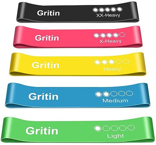 Gritin Resistance Bands, Set of 5 Skin-Friendly Resistance Fitness Exercise Loop Bands with 5 Different Strength Levels - Carrying Case Included - Ideal for Home, Gym, Yoga, Training