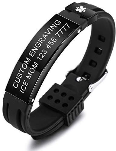 MOWOM Medical Braccialetto Personalizzato con Incisione in Silicone identificativo Regolabile per Uomo Donna Bambini in Acciaio Inossidabile Gomma- (Pacchetto con Carta di Emergenza, Supporto)