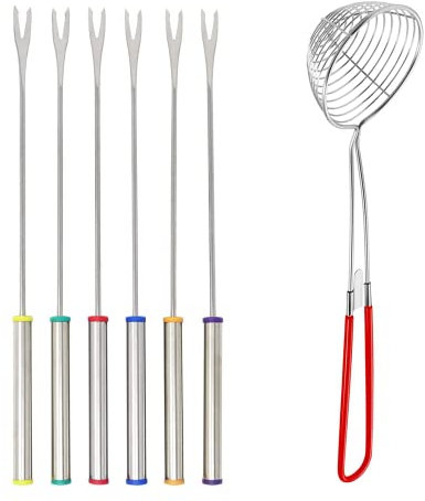 Fourchettes à Fondue en Acier Inoxydable avec Poignée Résistante à la Chaleur 6 couleurs 24cm pour Fromage Chocolat Viande de Guimauve avec Passoire à Fondue en acier inoxydable (6)