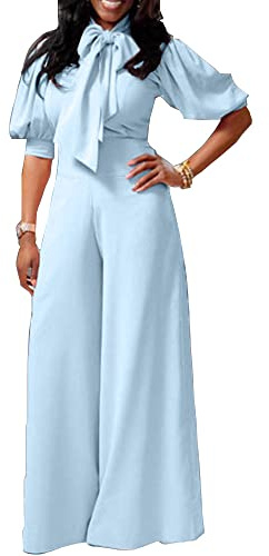 VERWIN Plain Dressy Full Length Bowknot Women's Jumpsuit High Waist Woman Romper (XL, Baby Blue)