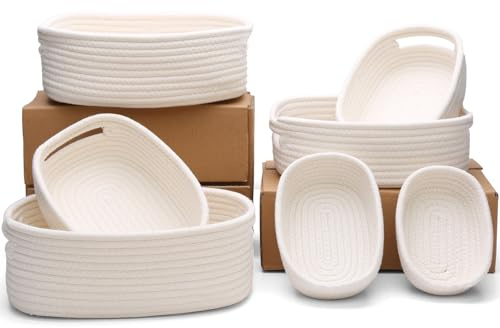 HLWDFLZ 7 Piece Cotton Rope Woven Basket Set - Small Basket for Baby Nursery, Pets, Montessori, Dog & Cat Toy Boxes, Bathroom Organization Bins (White)