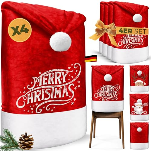 KESSER® Premium Weihnachtsstuhlüberzug 4er Set Stuhlhussen für Weihnachten Nikolausmütze Stuhlbezug Husse Weihnachtsdeko für Stühle Überzieher - Stuhlabdeckung im weihnachtlichen Design