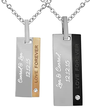 Hanessa 2 Stück Personalisierte Ketten mit Gravur Edelstahl 45-60 cm Dog Tag in silber/gold und silber schwarz - Halsketten Männer Frauen - Personalisierter Schmuck Damen Herren - Partner Ketten