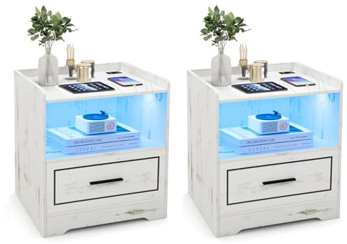 COSTWAY LED Bedside Table, Smart Nightstand Sofa Side Table with Charging Station, Human Body Induction, Drawer and Storage Shelf, Wooden Bedside Cabinet End Table for Living Room Bedroom (2, White)
