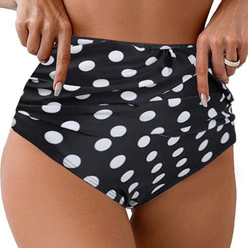 Femme Bas de Maillot Culotte de Bikini à Ruched Taille Haute Contrôle Abdomen Bas de Bikini Short Femme Shorts de Bain de Sport Froncés(À Pois,L)