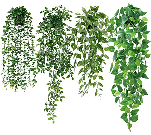4 Pack Fake Hanging Plant with Pots Artificial Eucalyptus Potted Plants | Dremisland Greenery Foliage Ivy Vines Faux Trailing Plants for Home Garden Office Shelf Wall Decoration